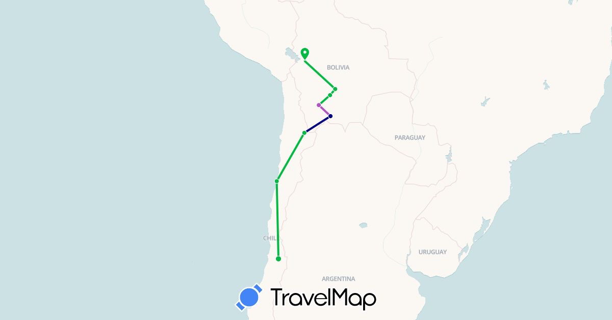 TravelMap itinerary: driving, bus, train in Bolivia, Chile (South America)